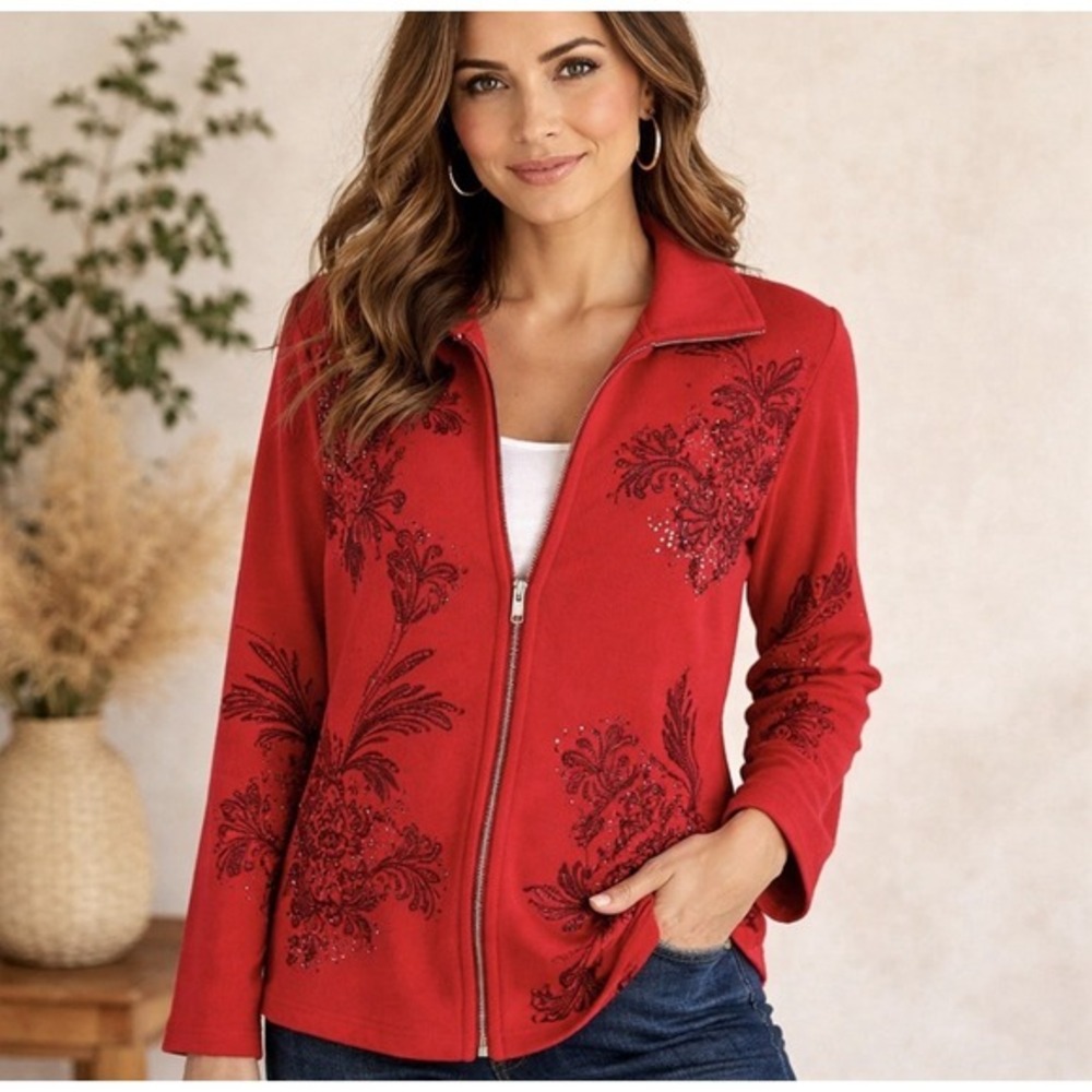Jess & Jane USA Red Floral Rhinestone Zip Cardigan L/XL Artsy Cotton Top‎ Artsy